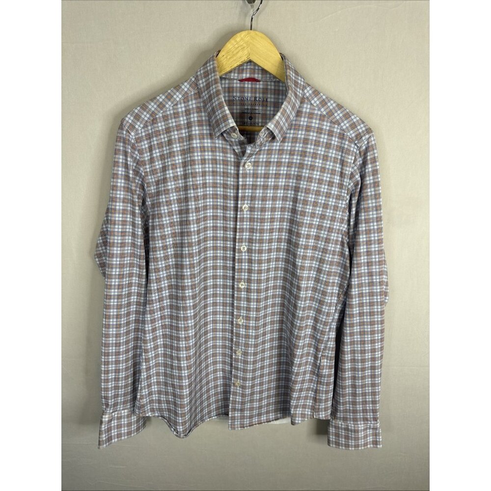 Stone Rose‎ Shirt Mens Medium Blue Orange Check Stretch Button Up